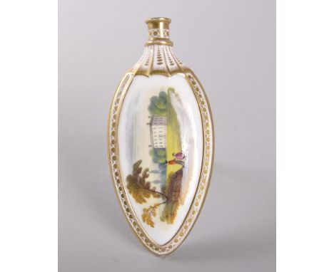 A GOOD CHAMBERLAINS WORCESTER PORCELAIN PERFUME BOTTLE, CIRCA. 1805/1810, one side painted with flowers, the reverse a mansio