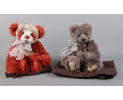 Two Charlie Bears jointed teddy bears, Boo and Ruby. Both exclusively designed by Isabella Lee. With bows and cardboard swing