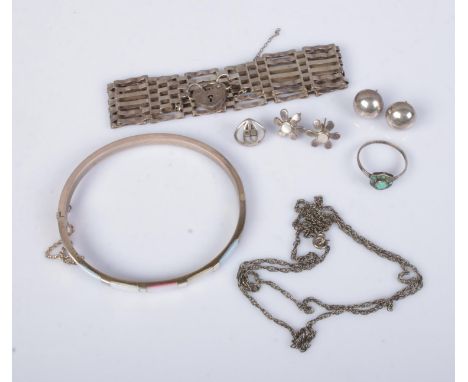 A collection of silver jewellery to include gate link bracelet, mother of pearl bangle, chain, flower earrings, turquoise set