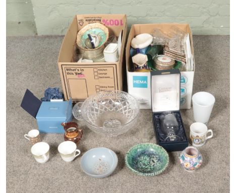 Two boxes of miscellaneous to include Wedgwood Clio, Royal Winton, Poole, Royal Doulton Sonnet, Caithness, etc.  