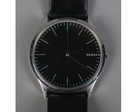 A gent's Skagen wristwatch on black leather strap, model number SKW6329.  
