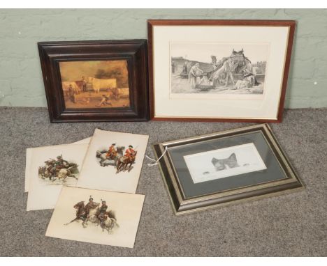 Two prints including a signed Bob Bowdidge print together with a Achille Jacquet etching and Hugentobler prints.  