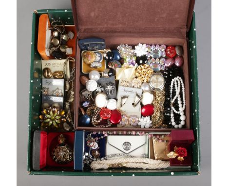 A tray of assorted costume jewellery, to include beaded necklaces, scarf clips, earrings, Rotary Rotaflex watch head, brooche