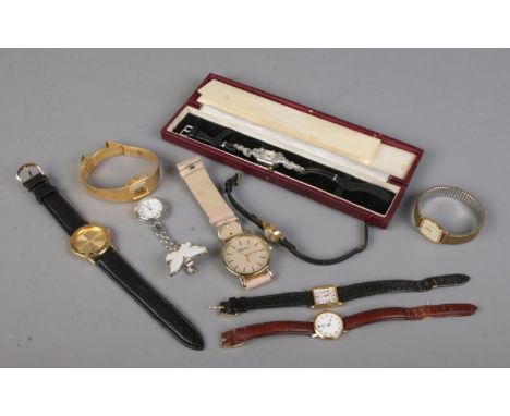 A collection of ladies quartz and manual wristwatches. Includes stainless steel and marcasite cocktail watch, Avlea, Rotary e