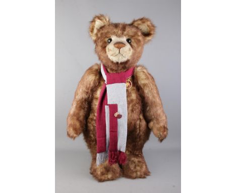 An extremely large Charlie Bears jointed teddy bear, Nicholas. Exclusively designed by Isabella Lee. With scarf and cardboard