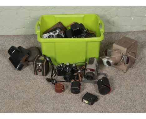 A box of assorted cameras and lenses to include Zenit EM Moscow 1980 Olympic edition, Hilyte projector, Coronet Twelve-20, et