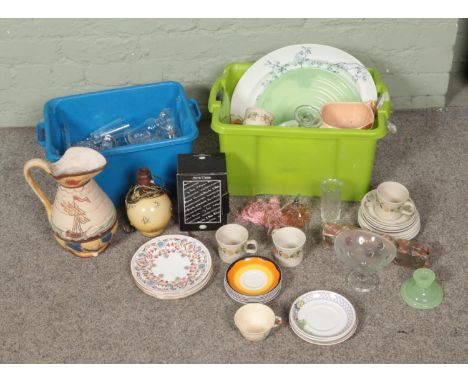 Two boxes of assorted ceramics and glassware to include Carlton Ware, Goebel, coloured art glass, etc.  