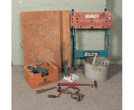 A collection of assorted tools and accessories to include Black and Decker Workmate, pasting tables, galvanised mop bucket, f