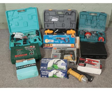 A collection of power tools including Bosch drill, Ryobi reciprocating saw, Ryobi angle grinder, Makita drill, tool master th