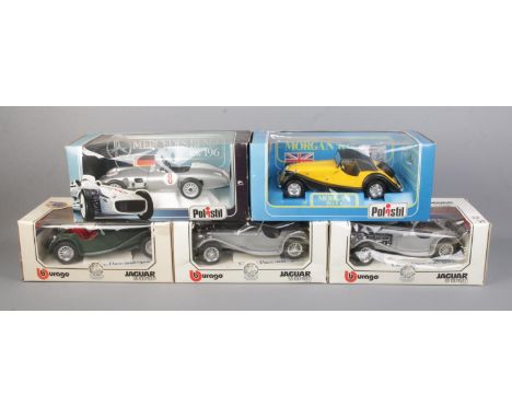 Five large scale model vehicles, by Burago and Polistil. To include Morgan Plus 8, Jaguar SS100 and Mercedes Benz RW 196.  