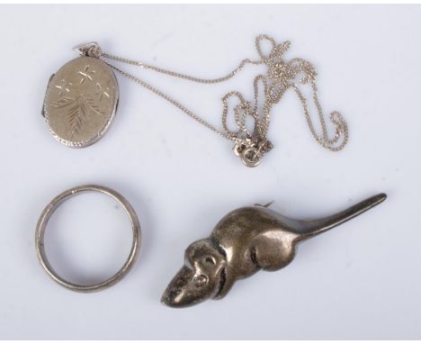 A collection of silver jewellery to include locket on chain, ring and mouse brooch stamped W&amp;G to reverse. Total weight 1