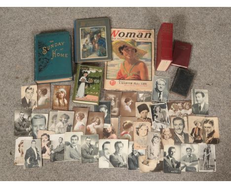 A box of books, postcards and the first edition of Woman Weekly, 1937. Books includes J Wesley Hart Castle Hampstead first ed