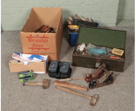 Two boxes of assorted tools to include chisels, screwdrivers, Marples plane, 180W detail sander, etc.  