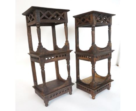 PAIR OF EAST ASIAN HARDWOOD DISPLAY STANDS
with square tops above a pierced lattice frieze with turned front supports, above 