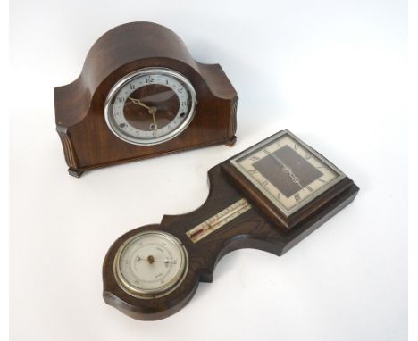 1930's OAK EIGHT DAY WALL CLOCK/BAROMETER
with shaped case, 45.7cm high; and an 'Anvil' chiming mantel clock with key and pen