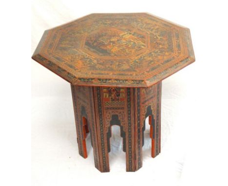 VINTAGE LACQUERED OCTAGONAL BURMESE OCCASIONAL TABLE
decorated with figures and animals, the bases with arched decoration to 