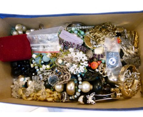 Large selection of costume jewellery to include marcasite bird brooch, snap bangle, bead necklaces, Art Nouveau-style brooch,