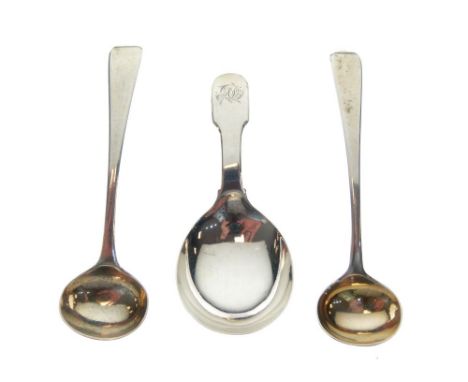 George III silver caddy spoon, London 1817, together with a near pair of salt spoons, one London 1805, 1.3toz approx (3)  
