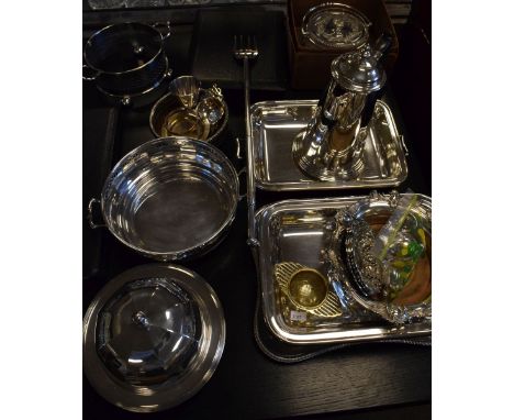 Assorted silver plated wares to include; hot water jug, entrée dish, muffin dish, extending toasting fork, preserve dish with