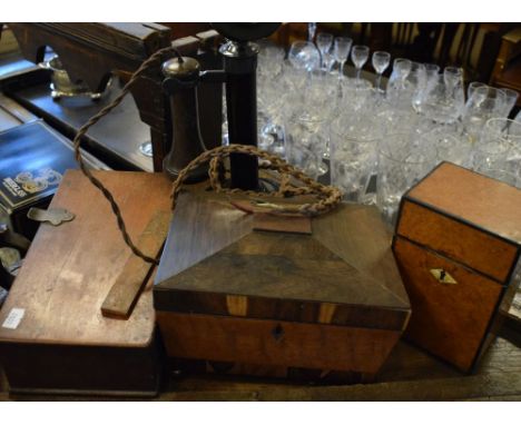 Small selection of boxes to include; a 19th Century Amboyna example, 19th Century rosewood and walnut sarcophagus sewing box,