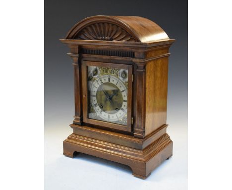 Early 20th Century German carved walnut mantel or bracket clock, Winterhalder &amp; Hofmeier, the silvered chapter ring with 