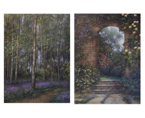 Clive Madgewick - Pair of oils on canvas -Bluebell Wood, and Through The Garden Gate, 39cm x 28cm, both framed  