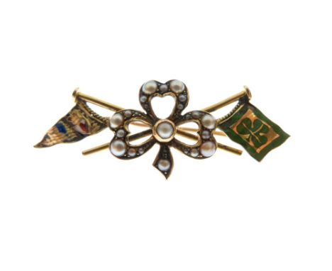 Irish Interest - Yellow metal, seed pearl and enamel bar brooch decorated with central seed pearl ribbon between flags decora