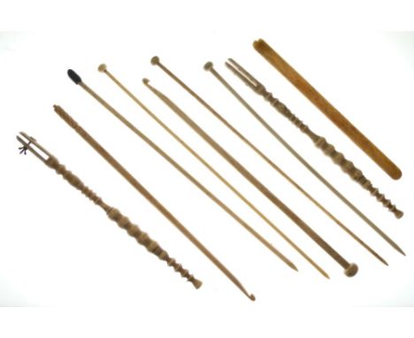 Assorted turned bone collectables to include; a pair of face screen handles, knitting needles, etc (10)  