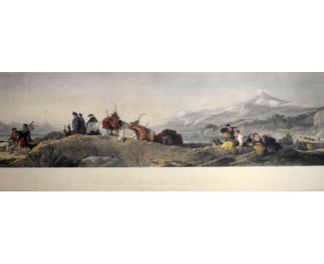 After Edwin Landseer - Coloured print - 'The Chief's return from deerstalking, Loch Laggan', 30cm x 96cm, framed and glazed  