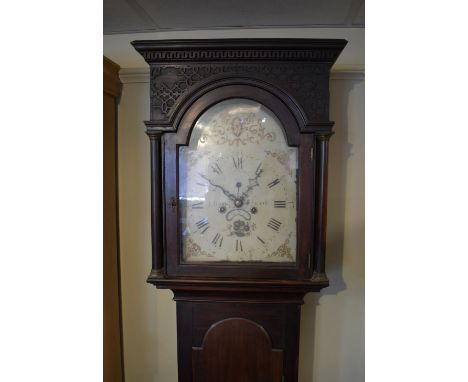 George III mahogany-cased eight day painted dial longcase clock, maker indistinct, with 12-inch break arch dial, subsidiary s