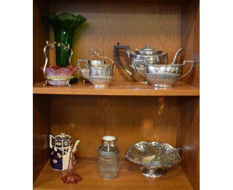 Silver plated three piece tea set, pierced plated cake casket and a quantity of other decorative ceramic and glass items  