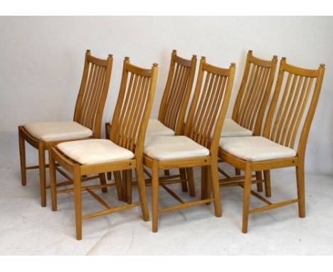 Ercol - Set of six elm high-back dining chairs having oatmeal coloured cushions on slatted seats  