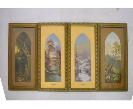 Two early 20th Century watercolours by J.E. Bonner, 'Autumn' and 'Winter', each signed, 51cm x 18cm, of lancet-arch form in e