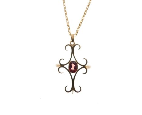 9ct gold pendant set central faceted oval ruby-coloured stone within seed pearls, together with a 9ct gold belcher-link neckl