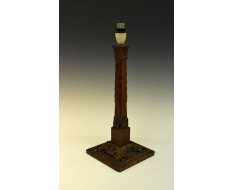 Early 20th Century carved oak table lamp base, 35cm high excluding fittings  