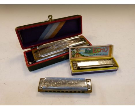 Hohner Super Chromonica harmonica, cased, together with Hohner Echo Super Vampier and Carloni harmonica (3)  