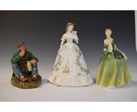 Two Royal Worcester porcelain figurines, Fleur (HN2368), Wayfarer (HN2362), together with Royal Worcester limited edition Que