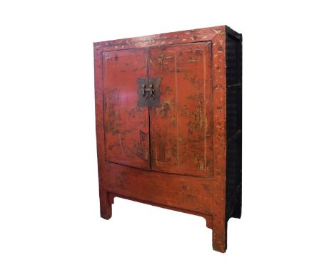 19th/20th Century Oriental red lacquered cabinet, the front with two chinoiserie decorated doors opening to reveal a shelf fi