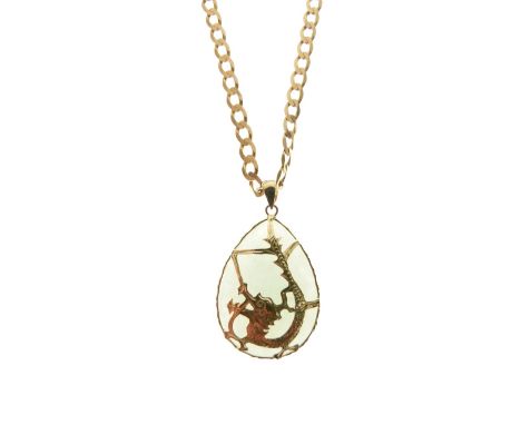 Chinese-style unmarked yellow metal and celadon jade pendant of tear drop design decorated with a dragon, together with a 9ct