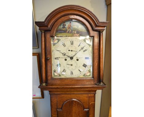 Early 19th Century oak-cased eight day painted dial longcase clock, Richard Clark, Newport, having a 12-inch break arched Rom
