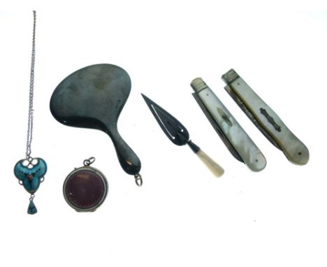 Two silver-bladed mother-of-pearl folding pocket fruit knives, together with a silver bookmark on the form of a miniature tro