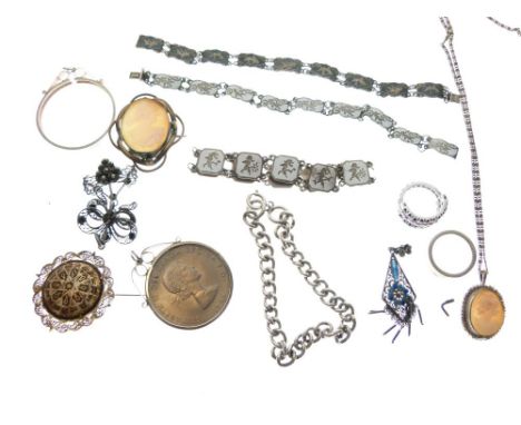 Assorted jewellery to include; Two South East Asian enamel panel bracelets, cameo brooches, etc  