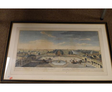 Antique coloured print - Prospect of St James Park from Buckingham House, 35cm x 71cm, framed and glazed  