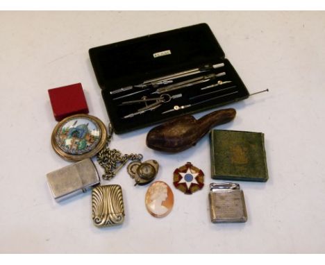 Assorted collectables to include; cased meerschaum pipe modelled as two birds protecting a nest of eggs, vesta case, lighters