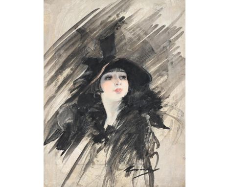 WILLIAM HENRY BARRIBAL (BRITISH 1874-1952) PORTRAIT OF A YOUNG WOMAN WEARING A BLACK HAT Watercolour and gouache  Signed (low