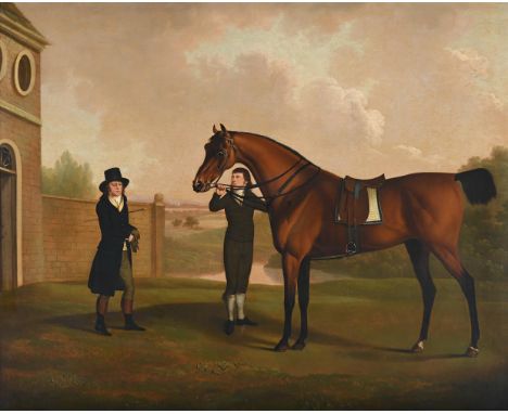 CHARLES TOWNE (BRITISH 1763-1840) THOMAS WORTHINGTON WITH HIS SADDLED HUNTER AND A GROOM IN FRONT OF HIS HOUSE, MAKING PLACE 