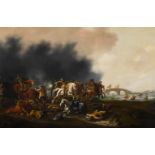 MANNER OF PALAMEDES PALAMEDESZA, CALVARY SKIRMISH WITH FIGURES IN COMBAT BY A BRIDGE AND A RIVER