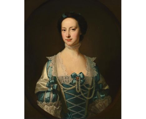 ATTRIBUTED TO THOMAS HUDSON (BRITISH 1701-1779) PORTRAIT OF A LADY, BUST-LENGTH, IN A SILK DRESS DECORATED WITH PEARLS Oil on