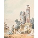 CIRCLE OF HUBERT ROBERT (FRENCH 1733-1808), FIGURES AMONG CLASSICAL SCULPTURES