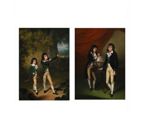 ARTHUR WILLIAM DEVIS (BRITISH 1762-1822) A DOUBLE PORTRAIT OF TWO BOYS, ONE POINTING TO INDIA ON A GLOBE: A DOUBLE PORTRAIT O